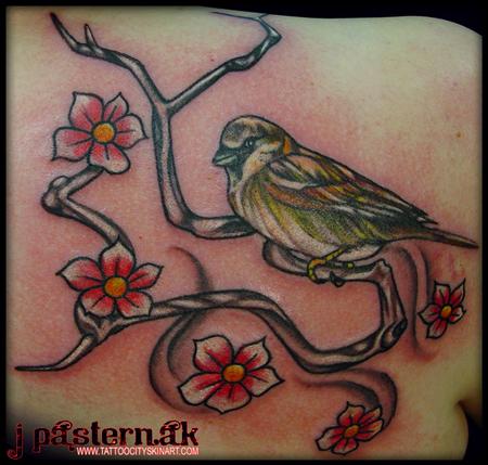 Looking for unique Joseph Pasternak Tattoos?  Sparrow with Cherry Blossoms